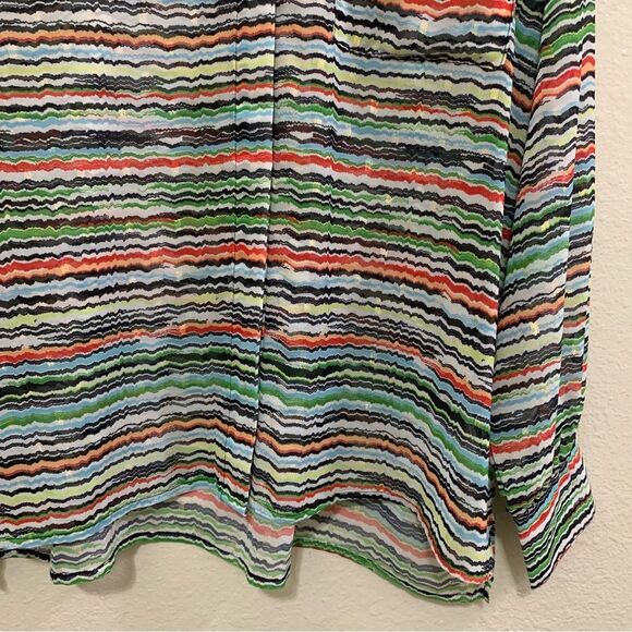 FOREVER 21 SHIRT WOMENS LARGE MUTI COLORED STRIPED SHEER HIDDEN BUTTON UP. - Picture 7 of 14